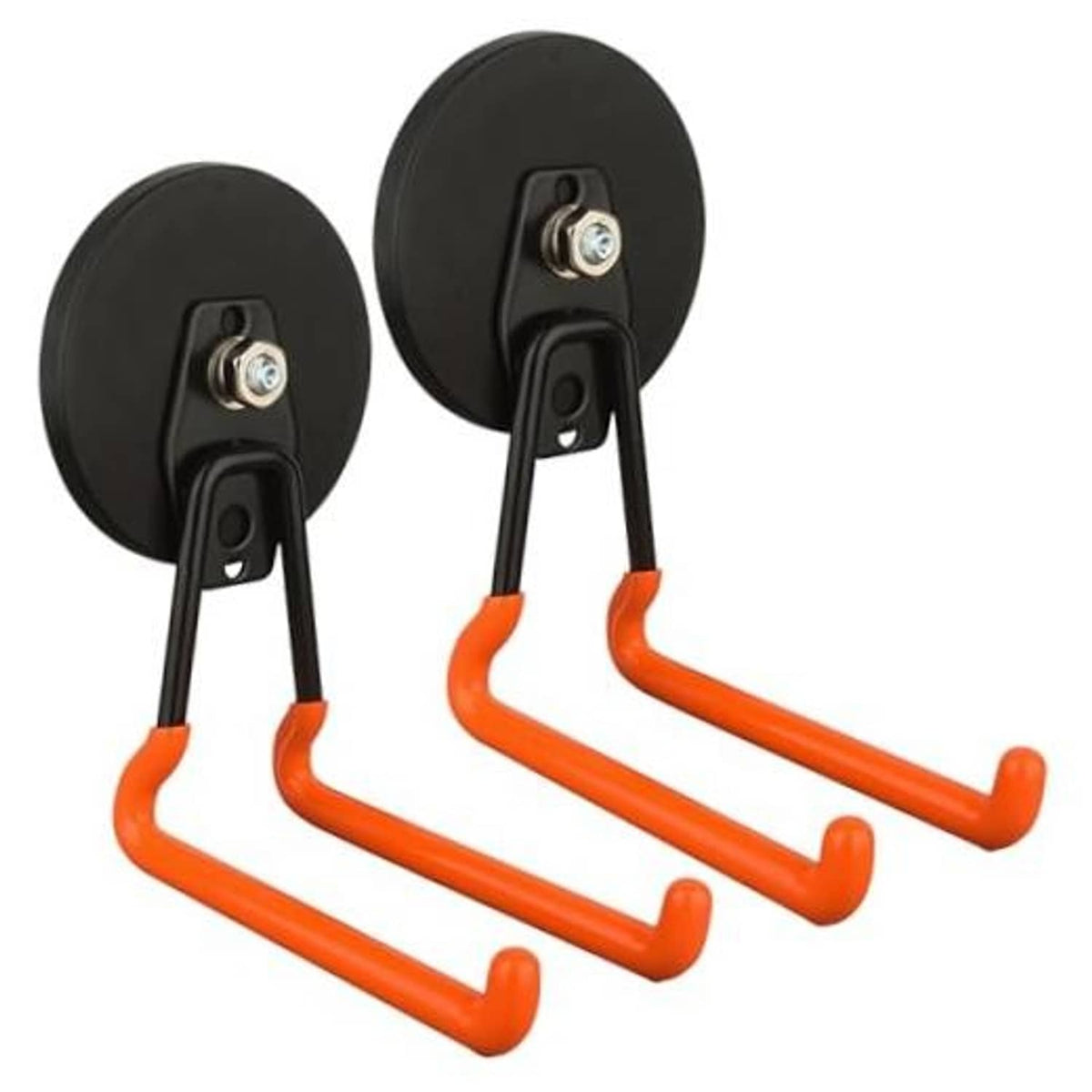 Pair of orange U-shaped magnetic garage hooks with black round bases and mounting screws