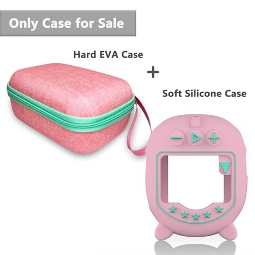 Pink hard EVA case with teal zipper and matching pink silicone cover for small speaker.