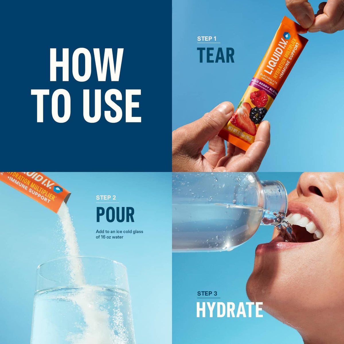 How to use electrolyte drink mix: tear stick and pour into water
