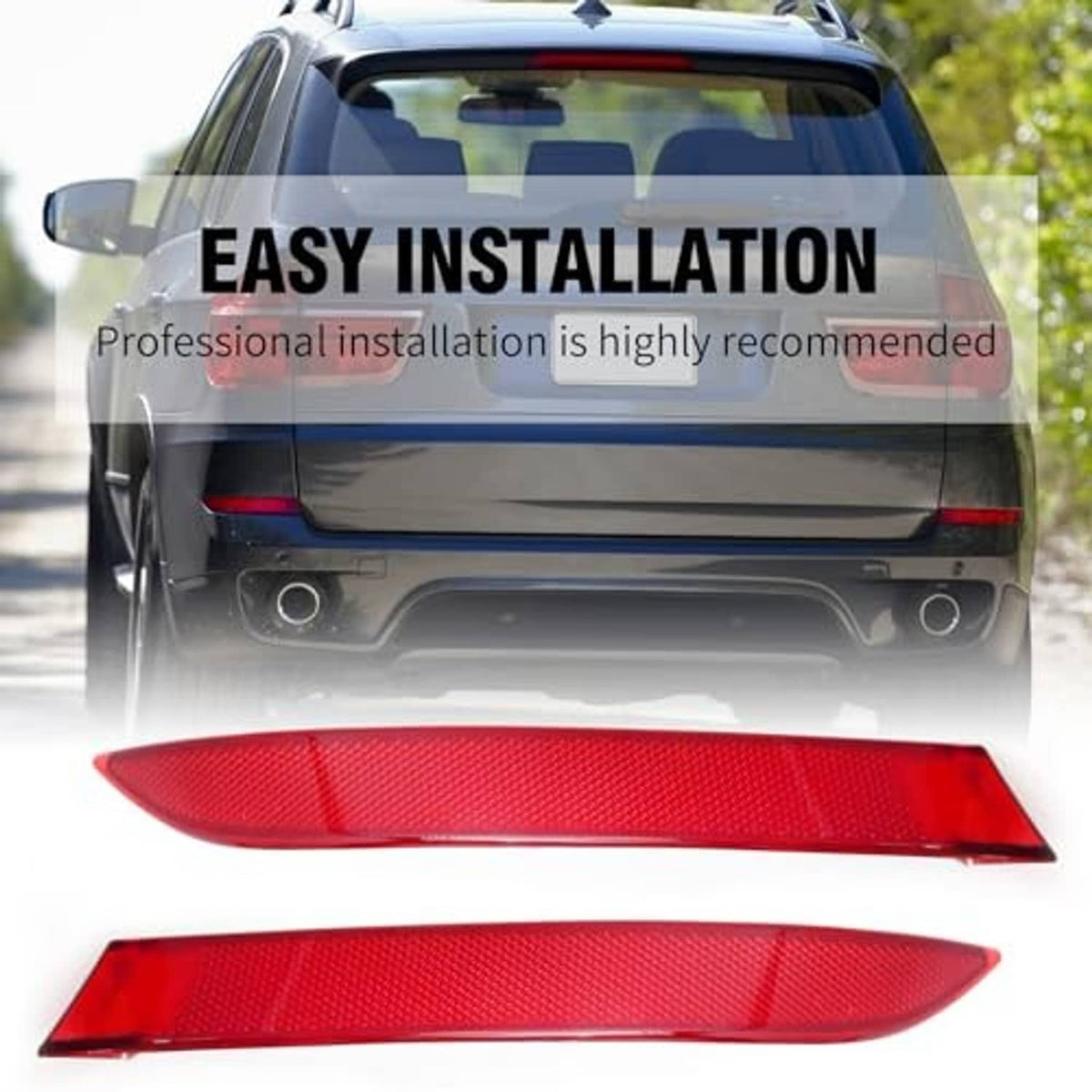 Red rear bumper reflector pair shown near car rear, textured curved lenses