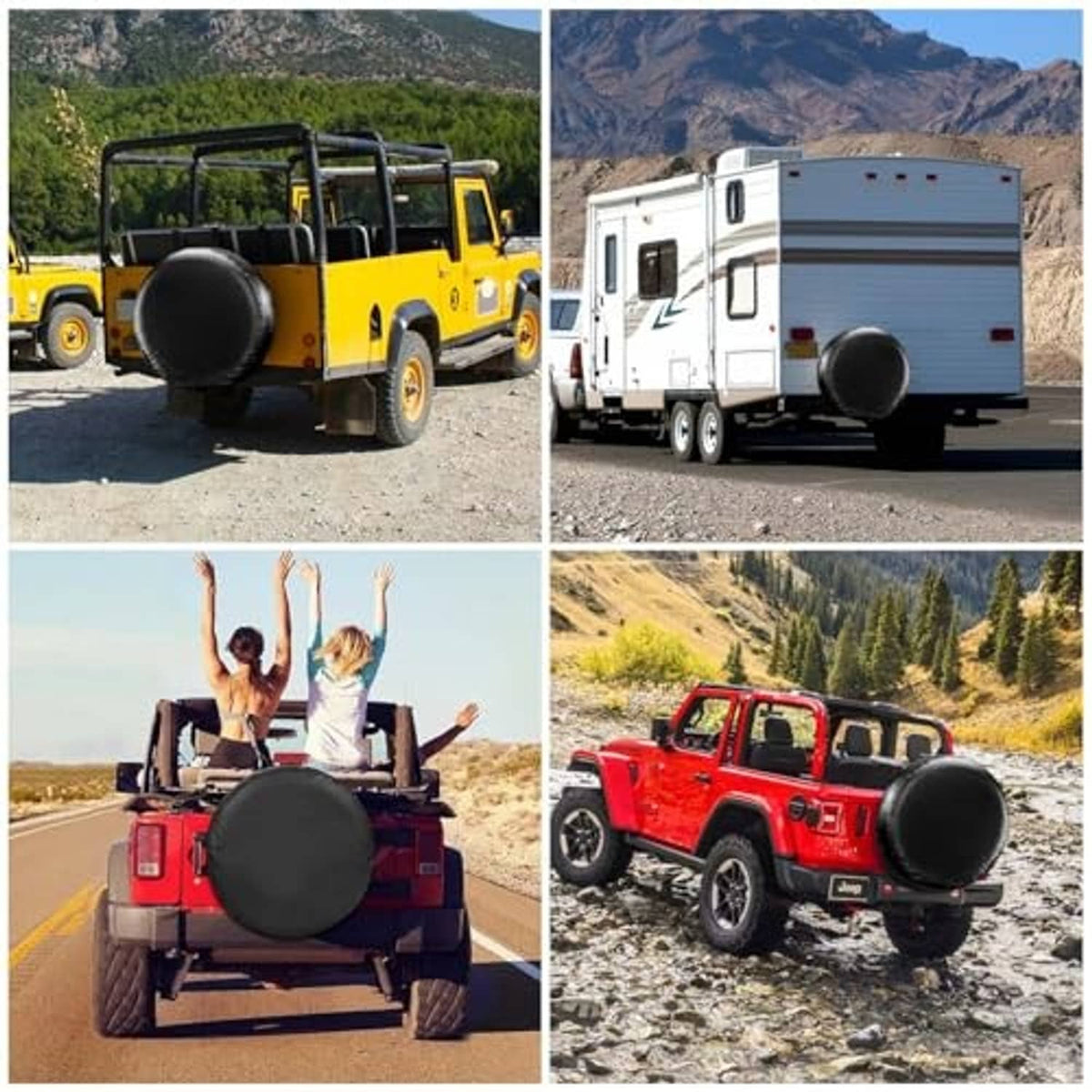 Black spare tire cover on multiple vehicles, round shape with elastic fit