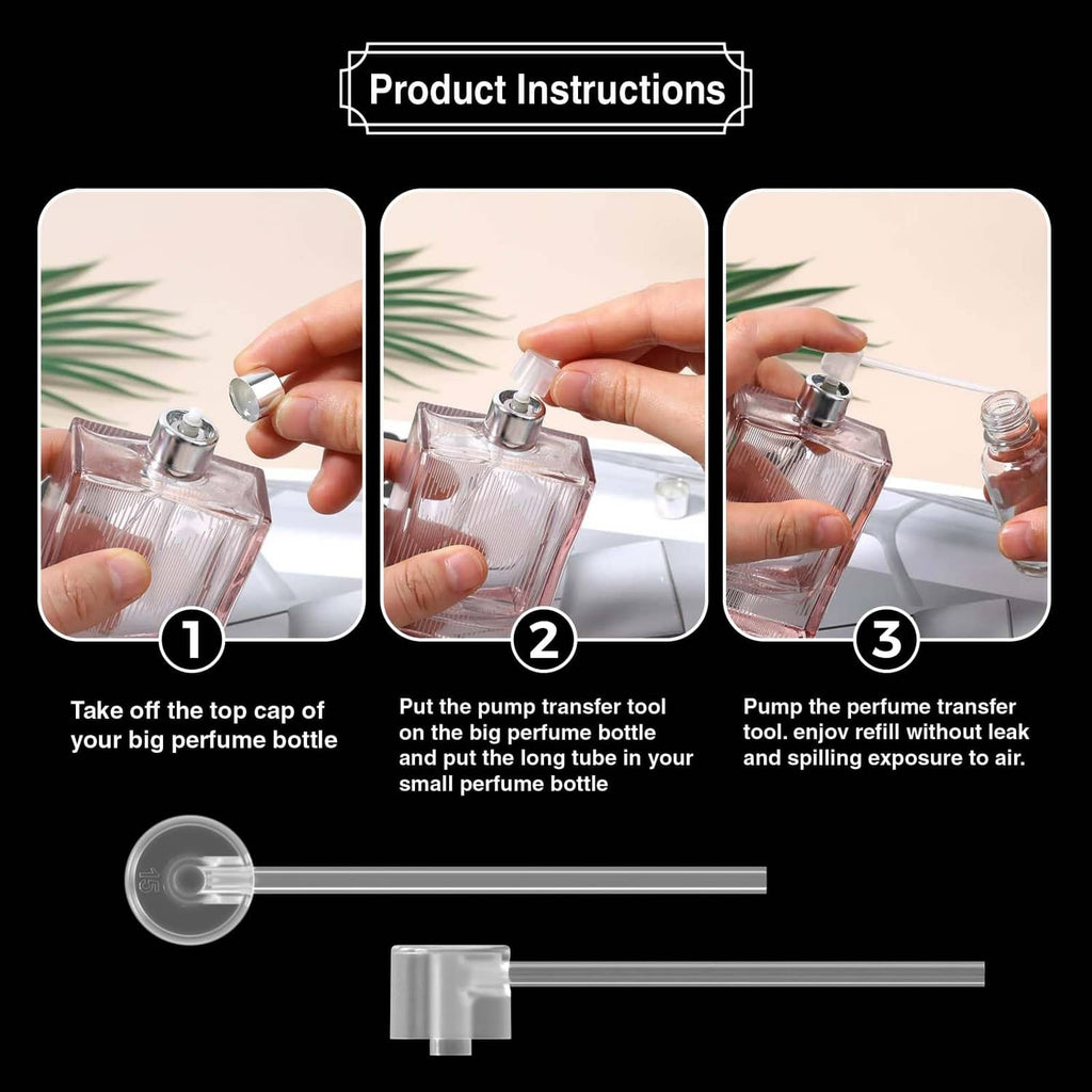Pump-transfer setup for perfume refilling with clear tube and capped nozzle