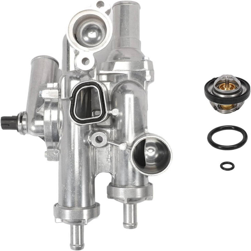 Aluminum thermostat housing assembly with sensor port and coolant fittings