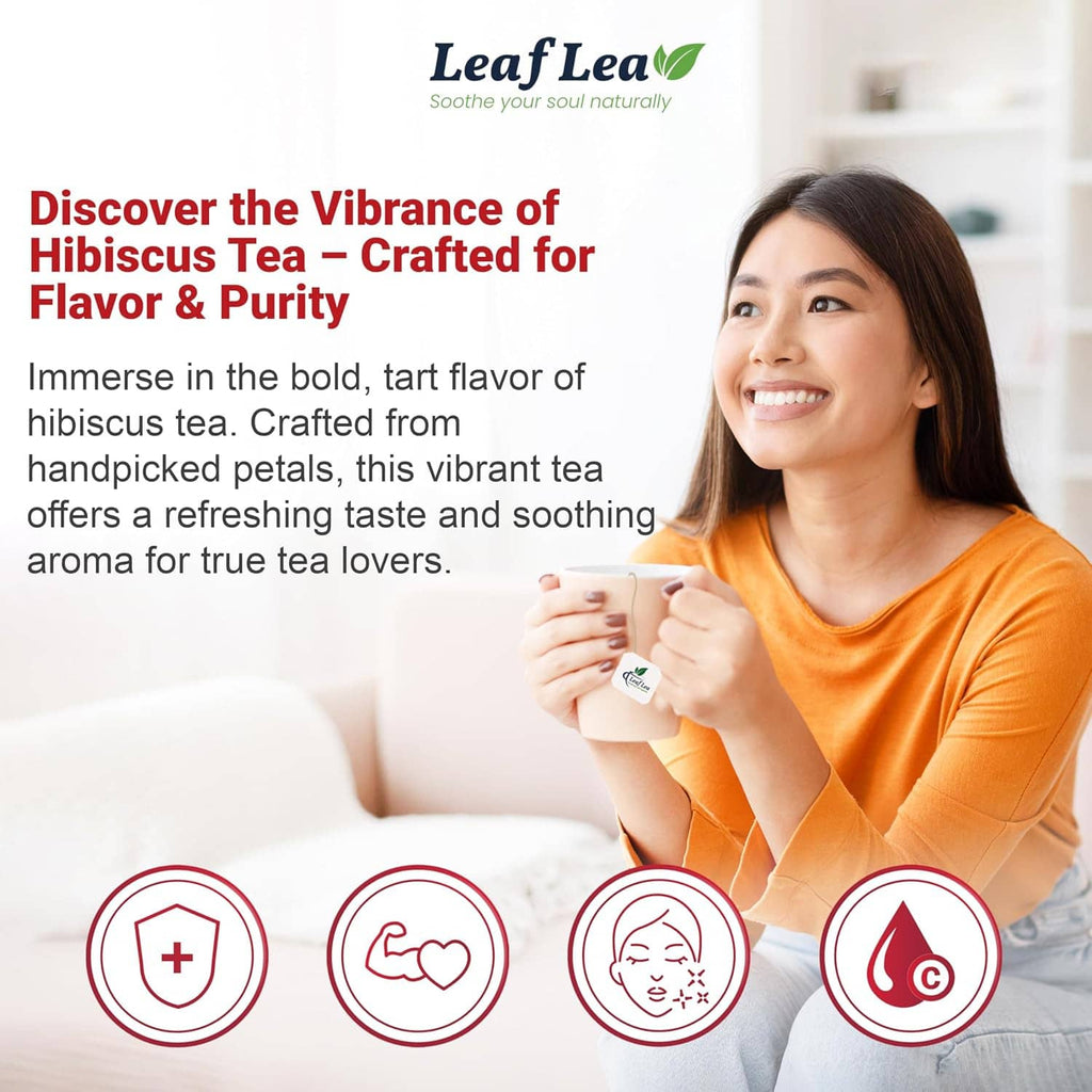 Hibiscus tea bag product lifestyle graphic with smiling woman holding a cup
