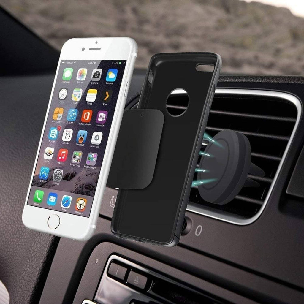 Black adhesive metal plate on the back of a phone, shown with car vent mount