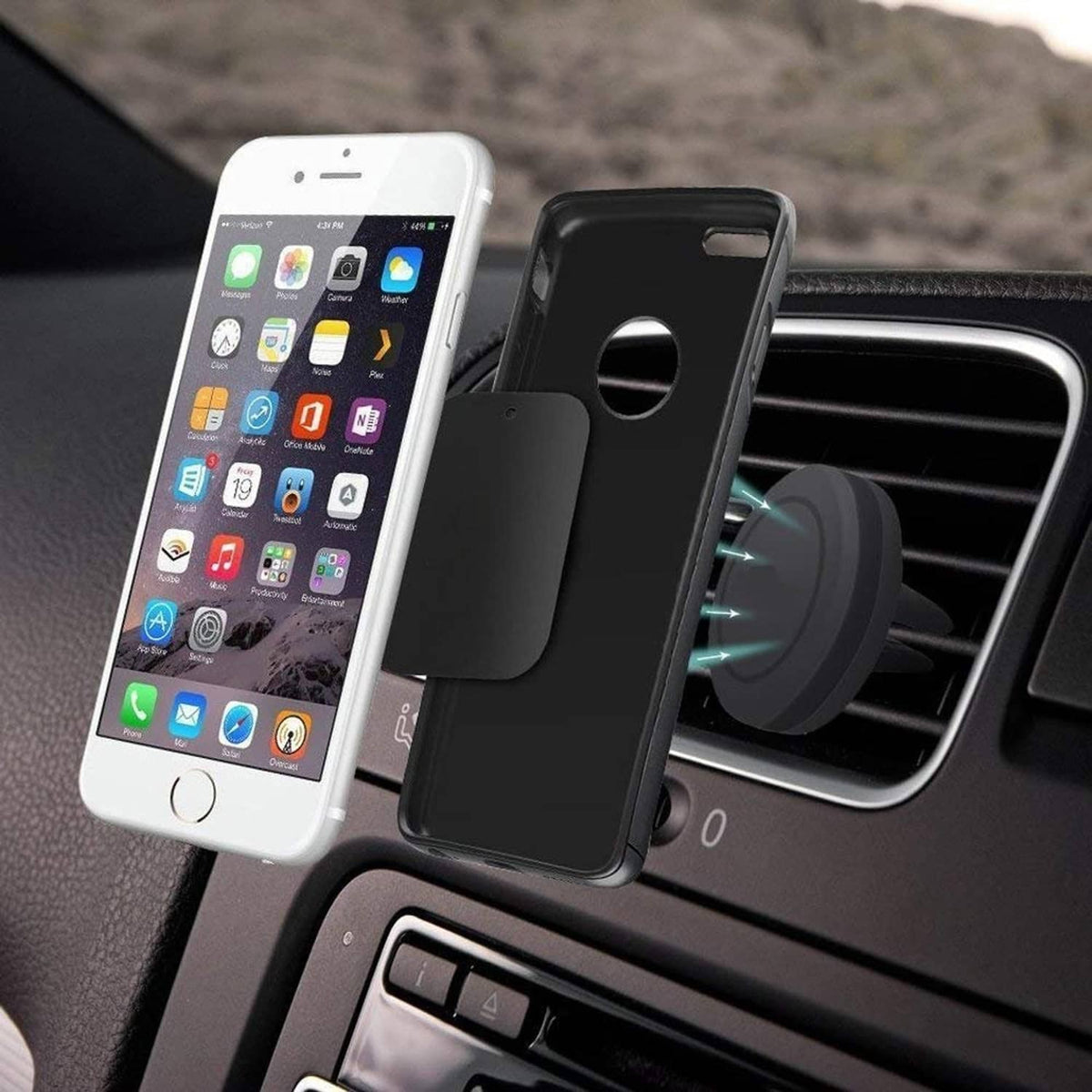 Black adhesive metal plate on the back of a phone, shown with car vent mount