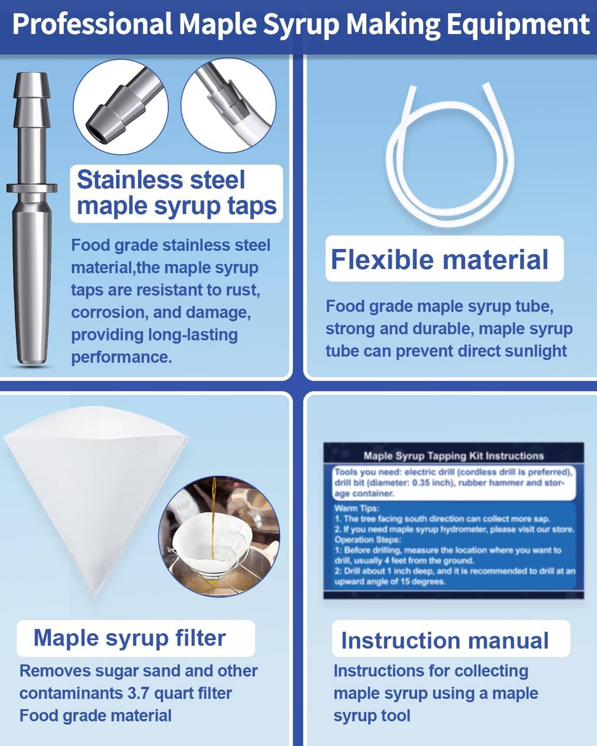 Maple syrup tapping kit with stainless taps, flexible tube, filter, and instruction manual