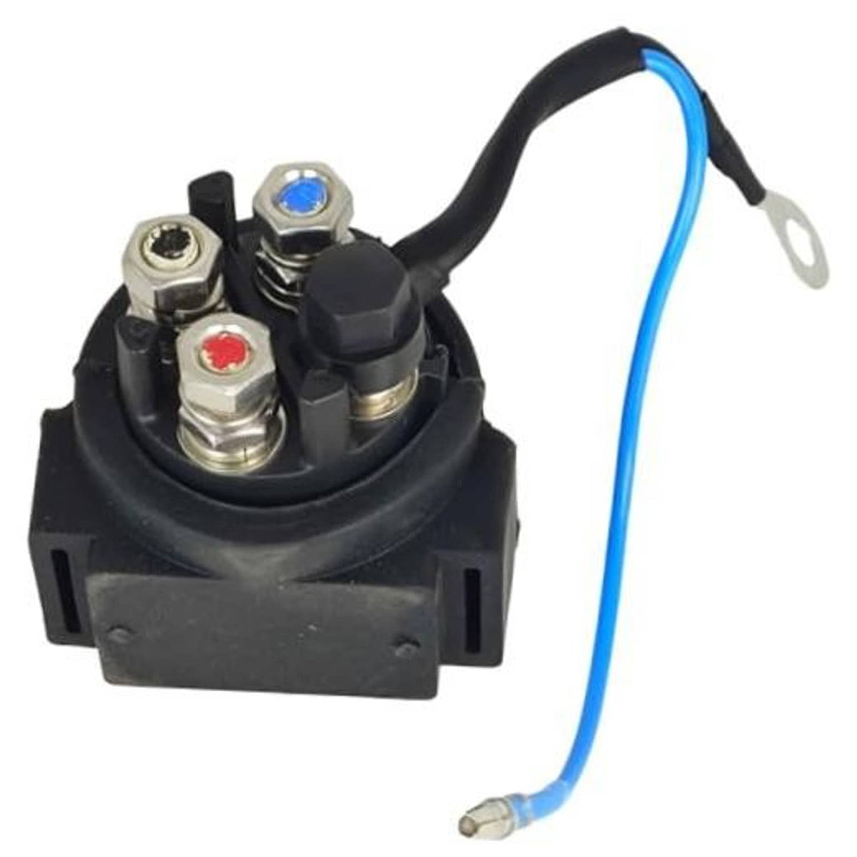 Black power relay base with blue wire and three metal terminal posts, ring lug included