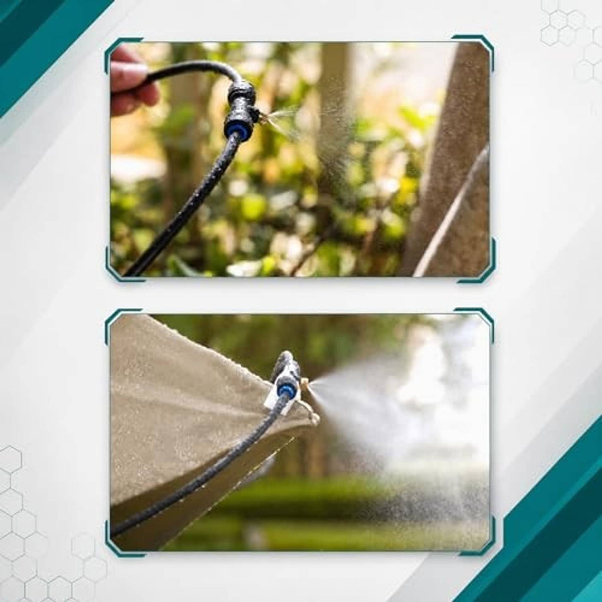 Outdoor misting nozzle spraying fine mist from black hose onto outdoor surfaces
