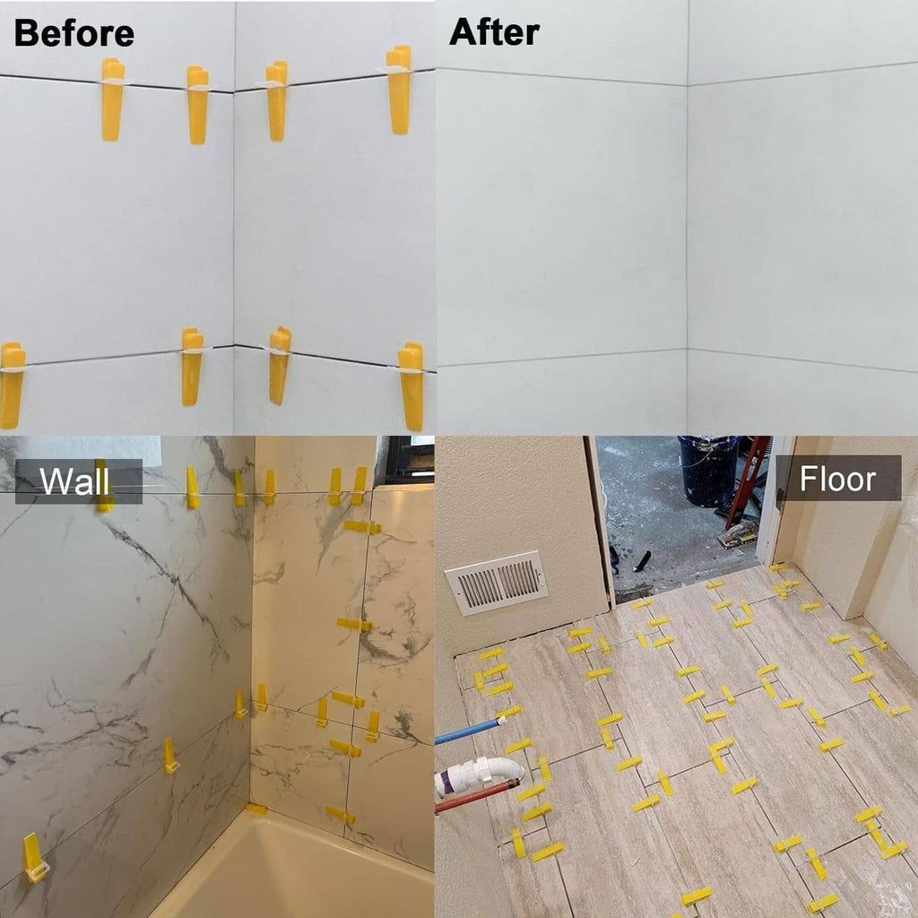 Tile leveling clips installed on wall and floor, with yellow spacer cross points