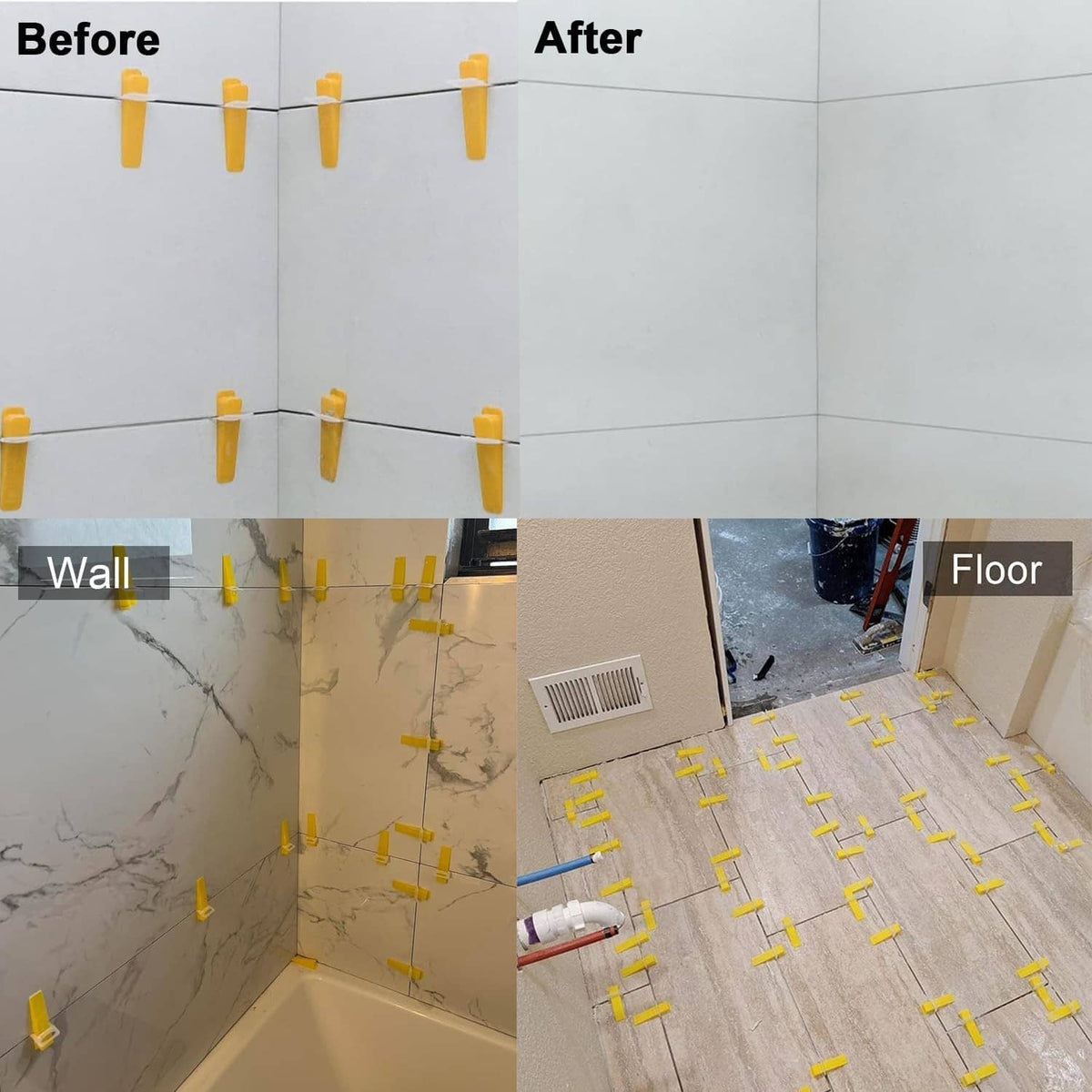 Tile leveling clips installed on wall and floor, with yellow spacer cross points