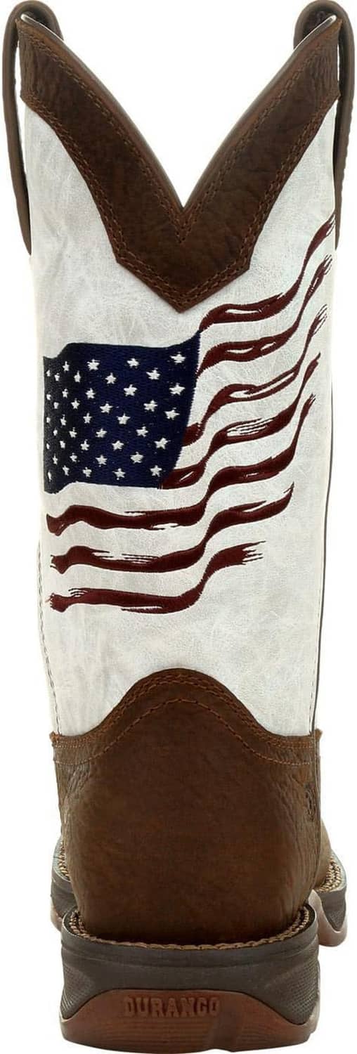 Women’s western boot with distressed U.S. flag embroidery and brown V-shaped upper trim.