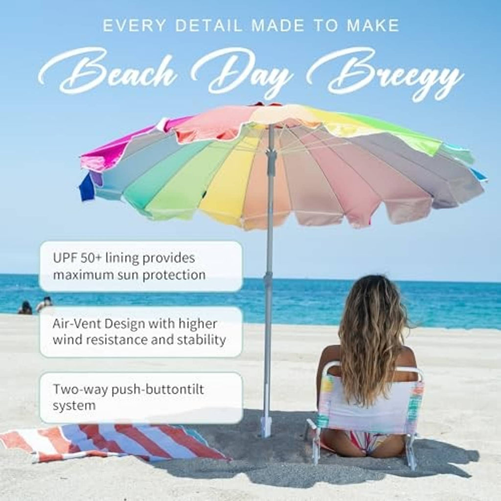 Rainbow beach umbrella with scalloped canopy and grey push-button tilt pole