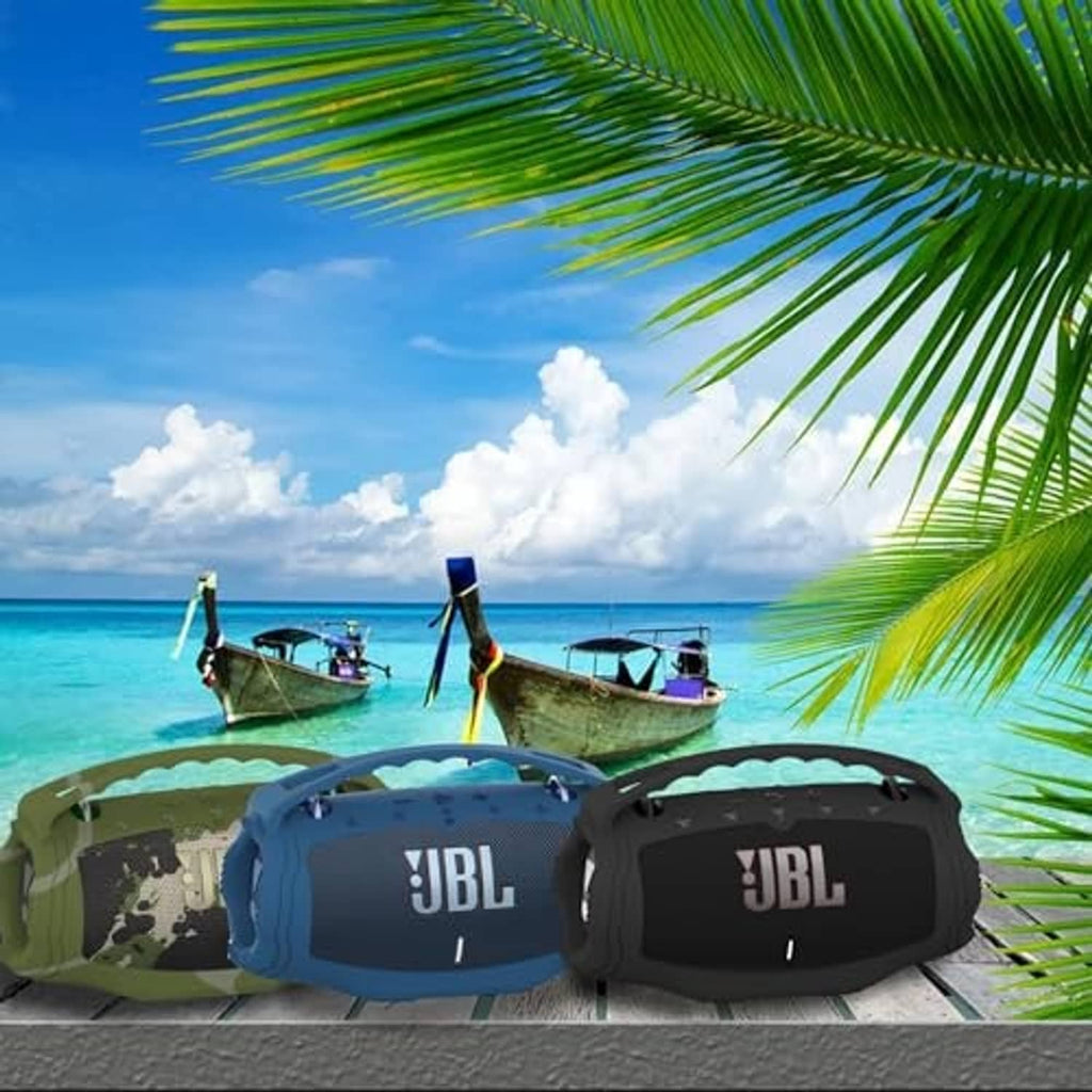 Silicone speaker cases in camo green, blue, and black with JBL logos