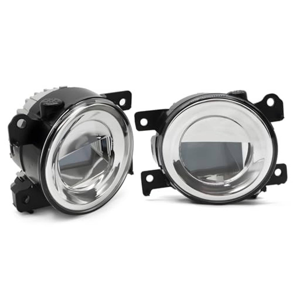 Pair of round fog light housings with clear lenses and black side mounts