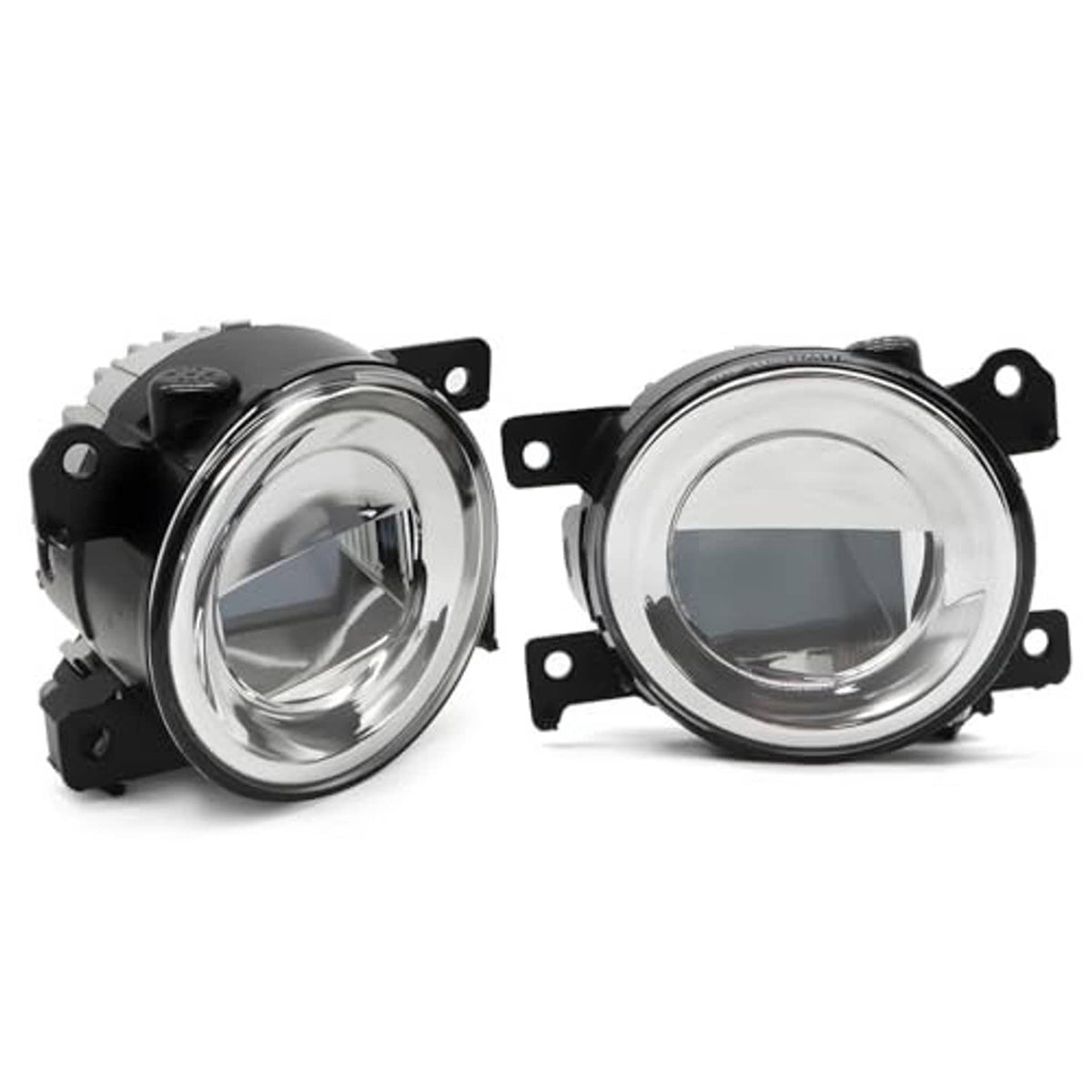 Pair of round fog light housings with clear lenses and black side mounts