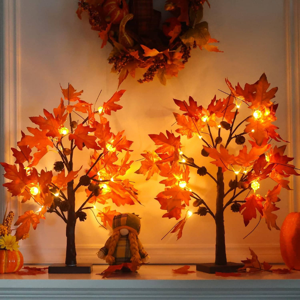 Set of two lighted fall maple leaf trees with warm LED string lights