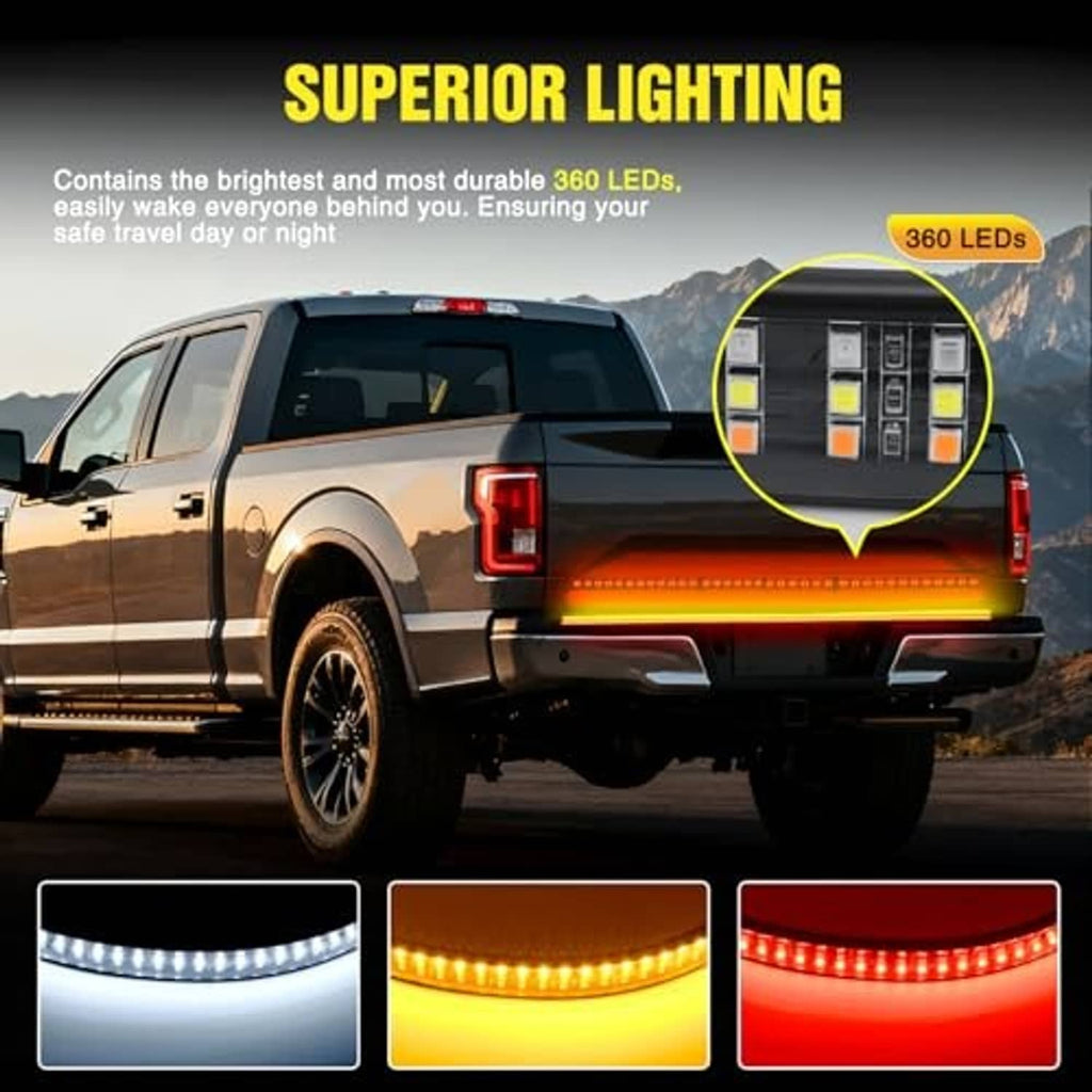 Truck bed tailgate LED strip with 360 LEDs in white, amber, and red lighting states