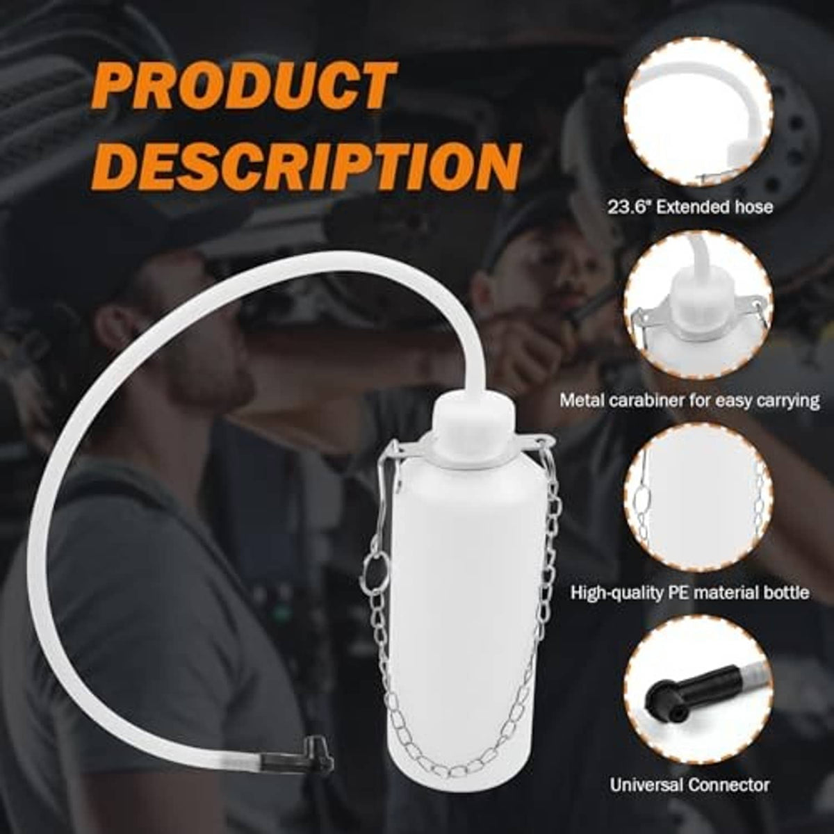 Brake fluid bleeder bottle with extended hose, metal clip, and universal connector