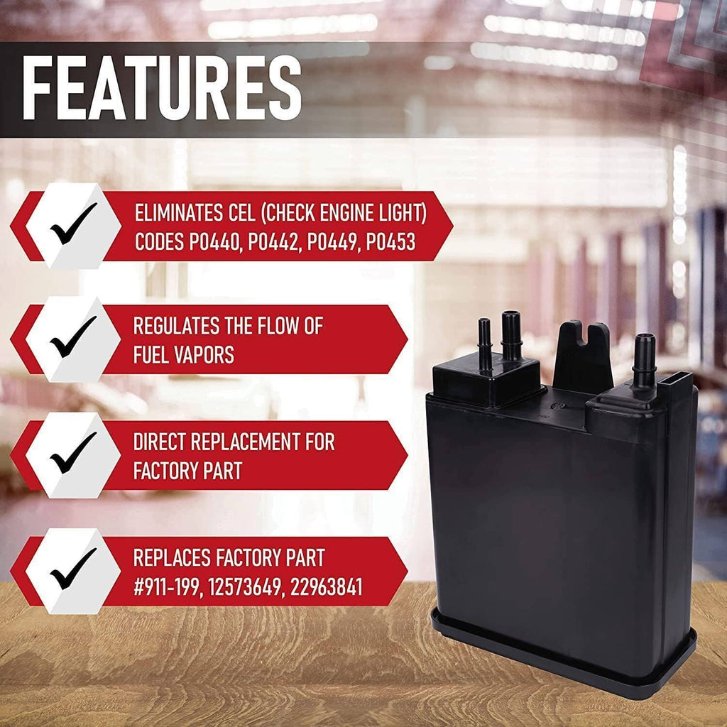 Black EVAP vapor canister shown with features callouts and multiple hose ports