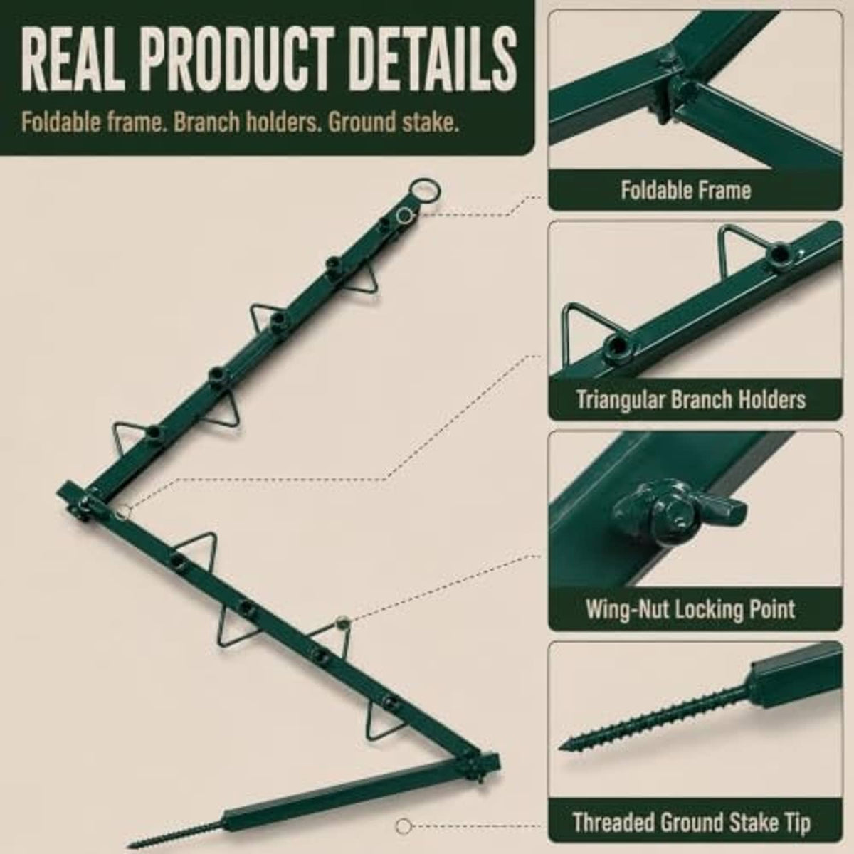 Foldable camouflage branch-cover stand with hinged frame, triangular holders, and ground stake