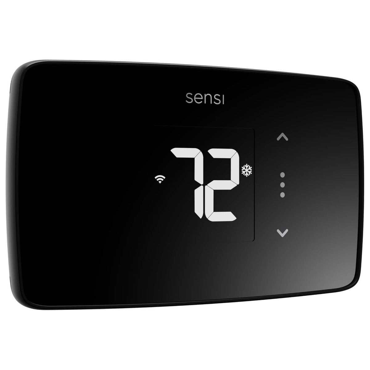 Black Sensi Lite smart thermostat front view with temperature and control icons