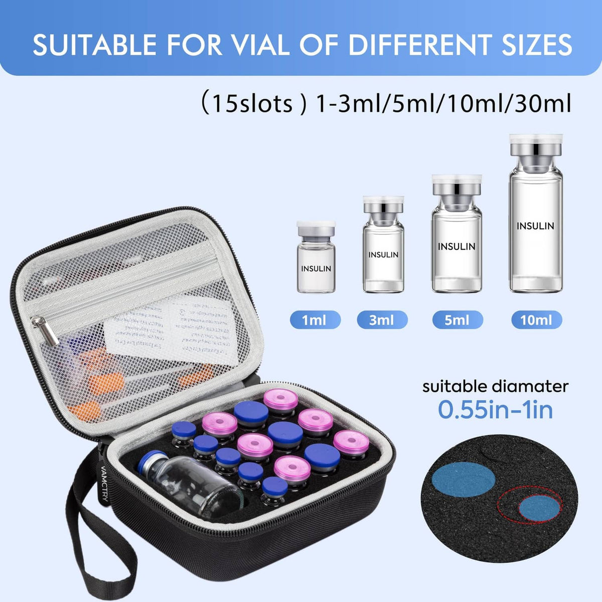 Black 15-slot vial storage case with mesh lid and foam insert for 1–10 ml bottles