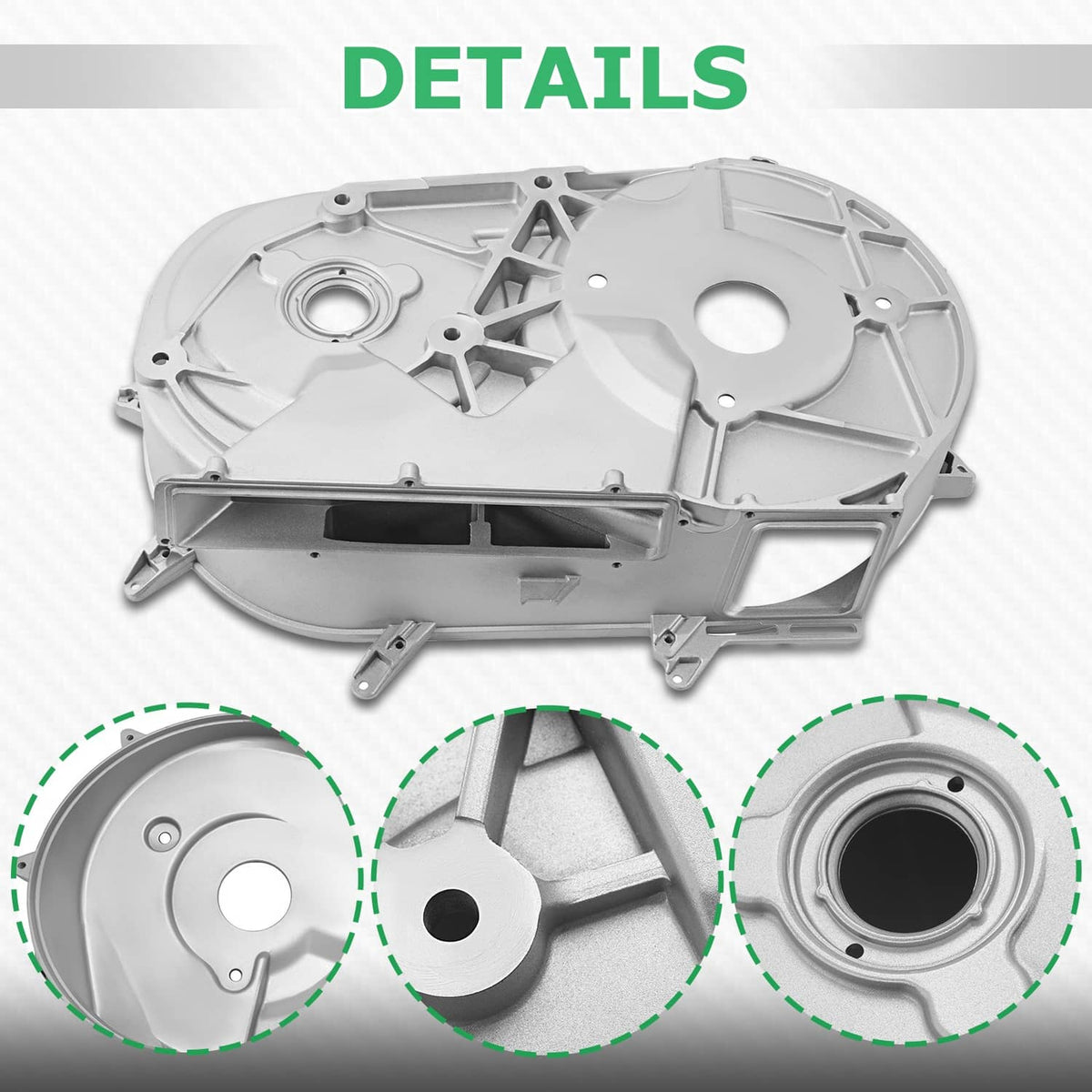 Aluminum inner clutch cover with multiple cutouts, circular ports, and bracket tabs