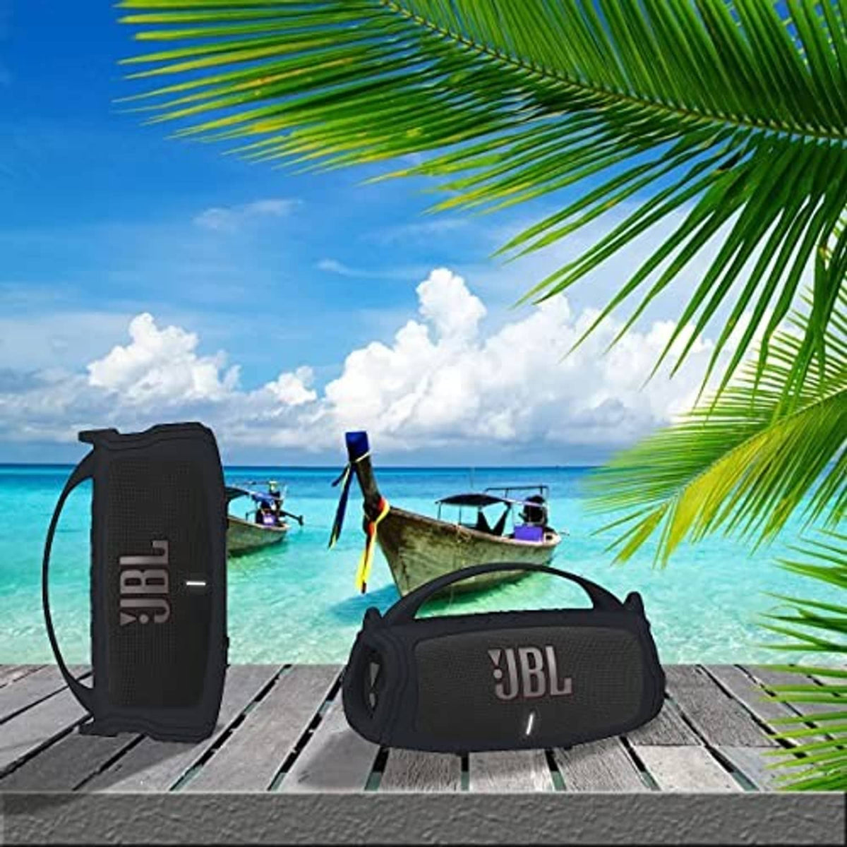 Black silicone speaker cover case with carrying handle and JBL emblem