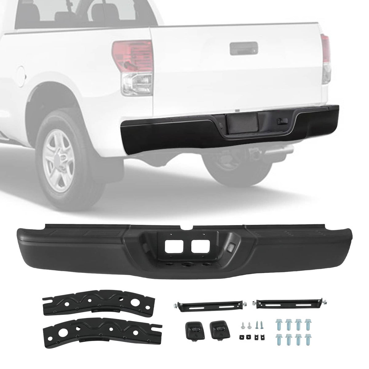 Black rear step bumper assembly kit with bumper cover and mounting brackets, hardware included