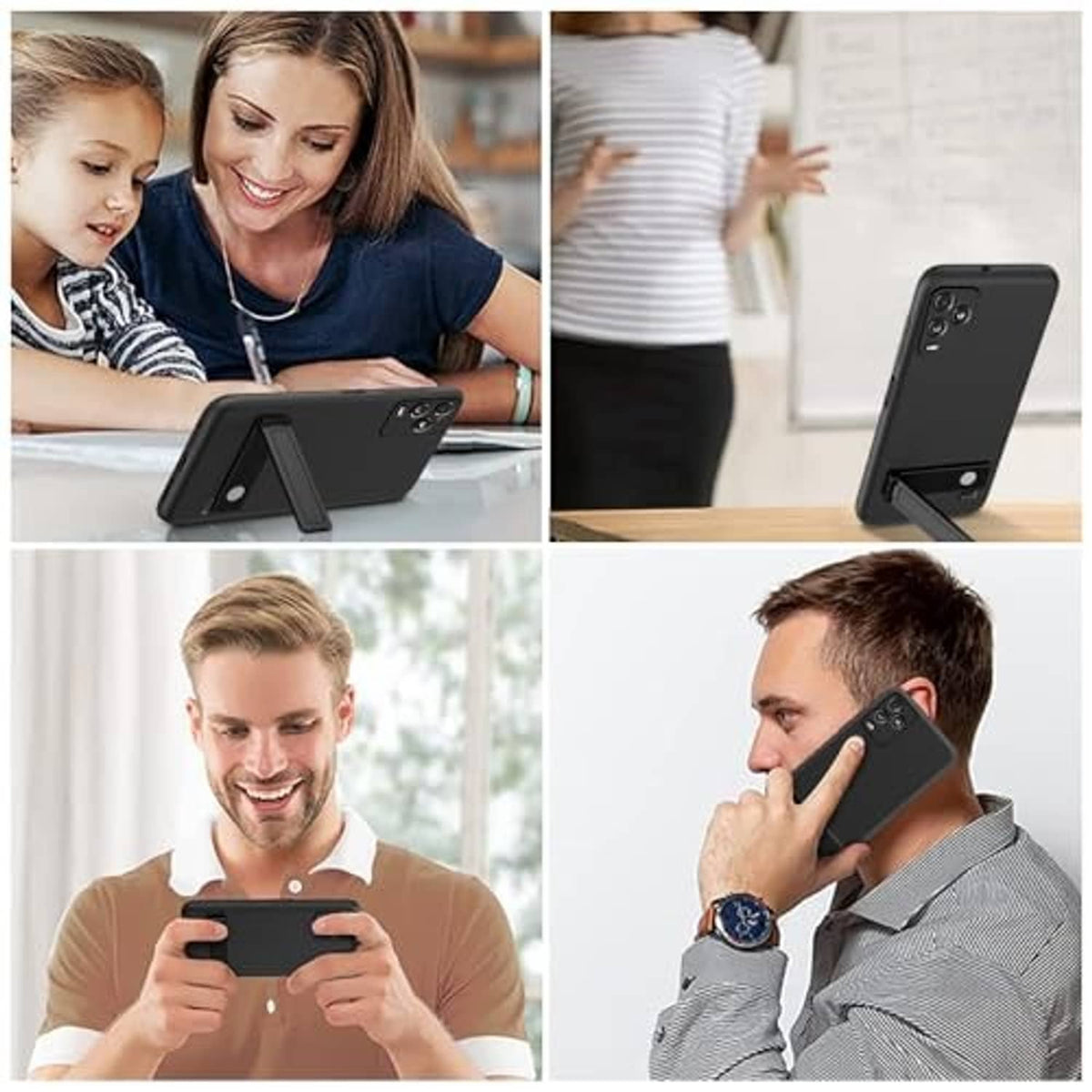 Black phone case with clear front screen cover and fold-out kickstand in use