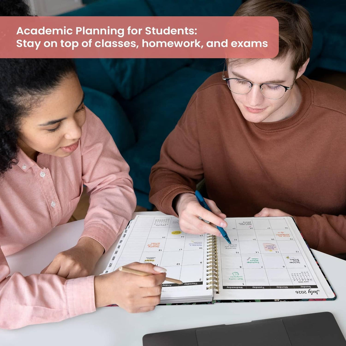 Student using planner with academic weekly layout while writing with a pen