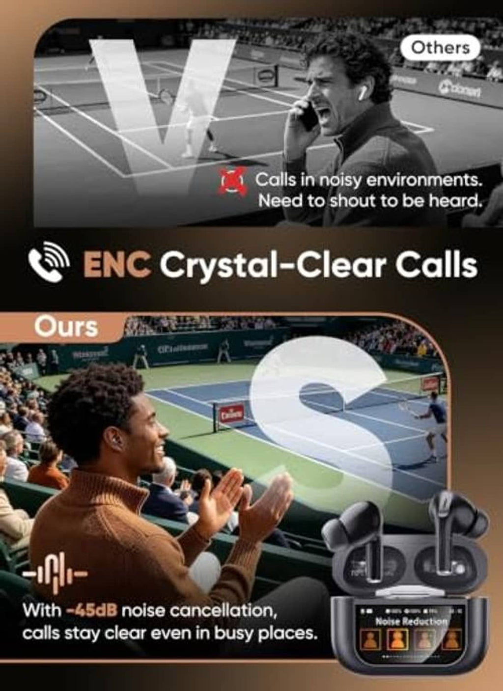 Black earbuds with ENC noise-reduction call feature graphic and earbud close-up