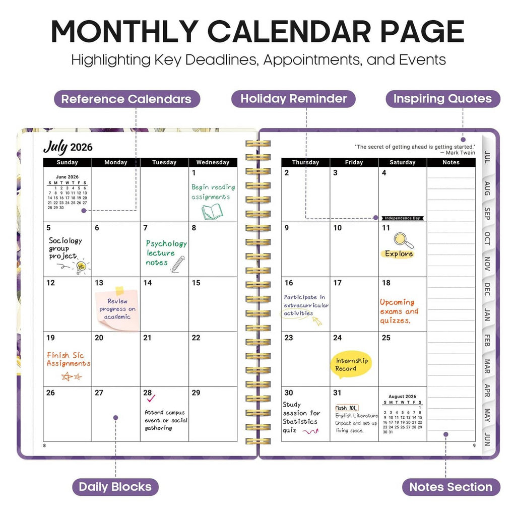 Open monthly calendar planner page with highlighted key dates and notes layout