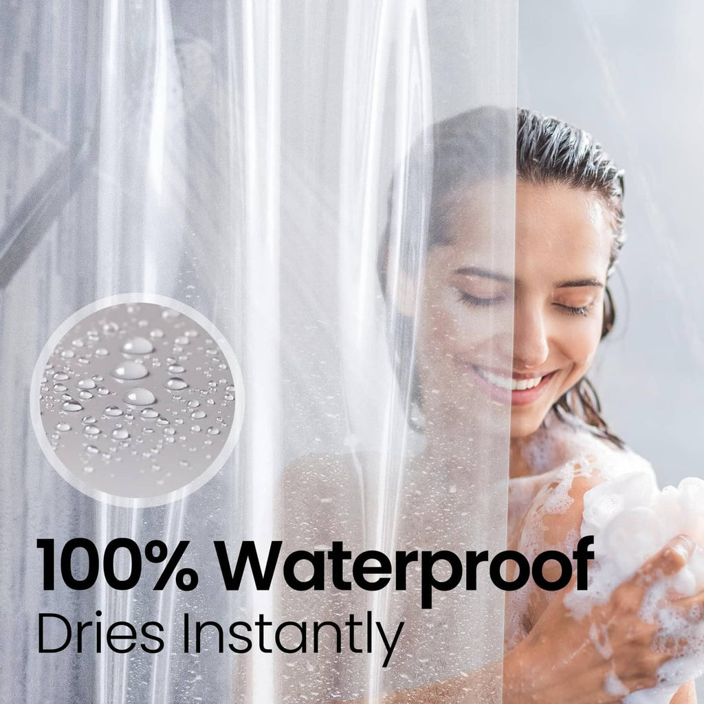 Clear waterproof shower liner with water beading on the surface