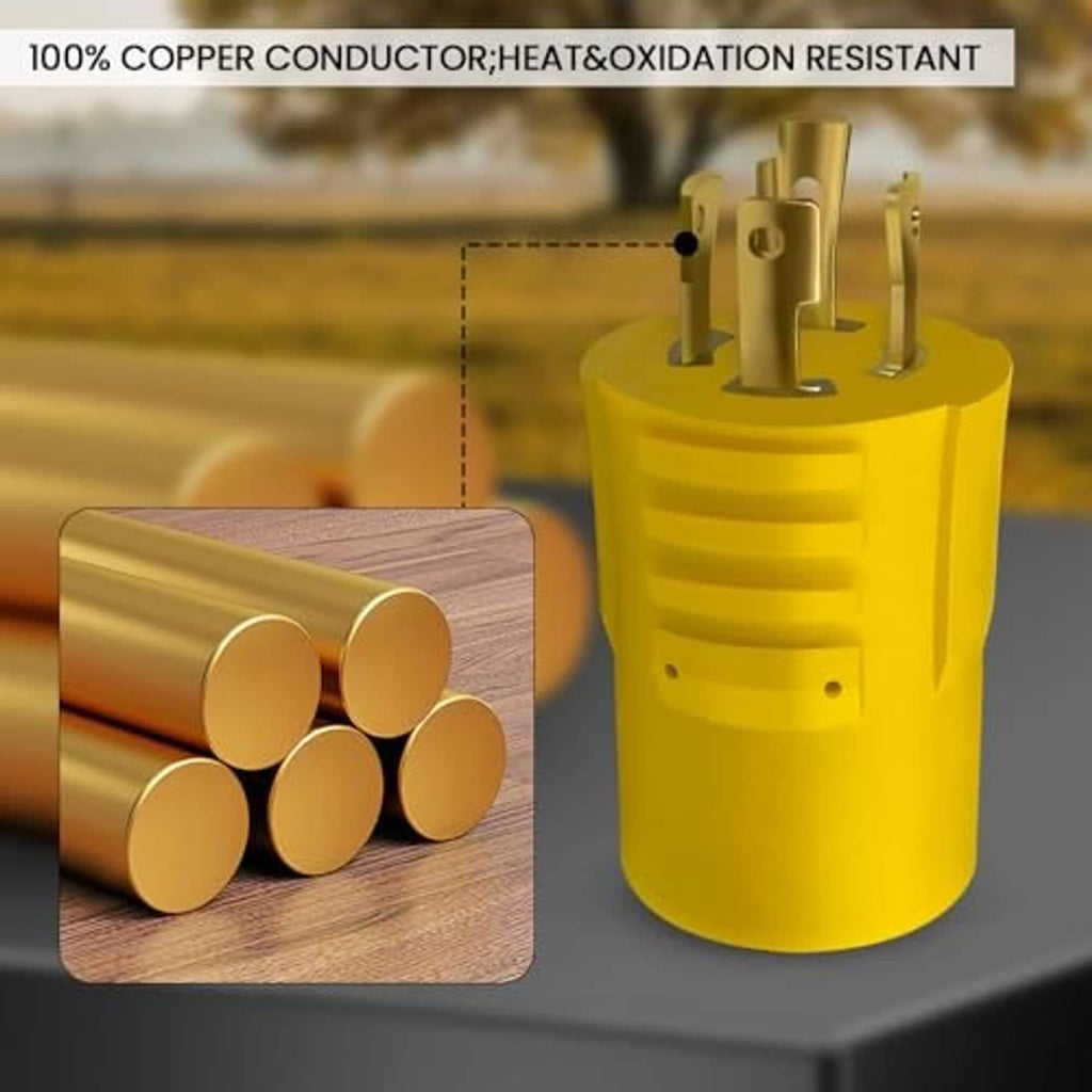 NEMA locking adapter plug with copper conductor inset, yellow body