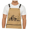 Khaki cooking apron with dark straps and “FISH. CAMP. COOK. REPEAT” print.
