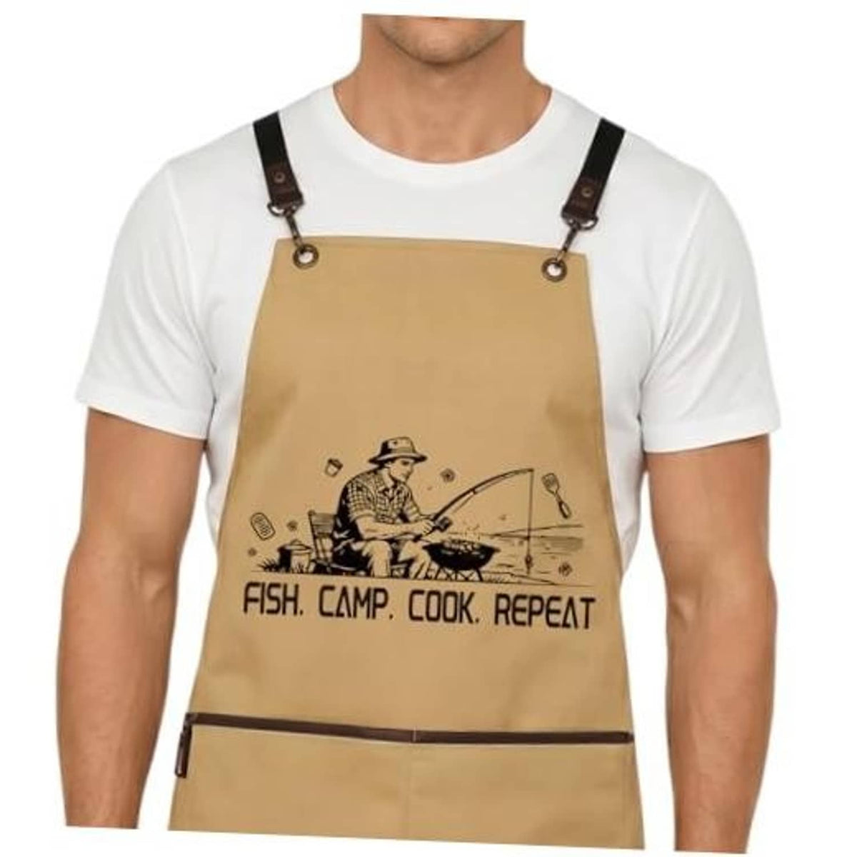 Khaki cooking apron with dark straps and “FISH. CAMP. COOK. REPEAT” print.