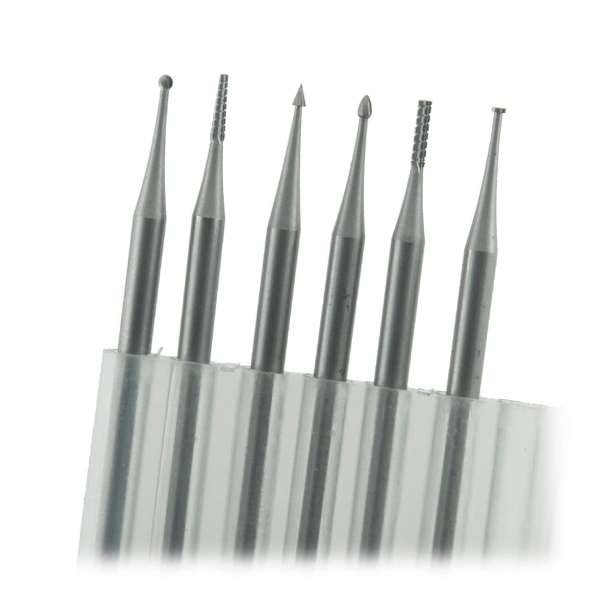 6-piece tungsten engraving router bits with pointed tips in clear plastic holder