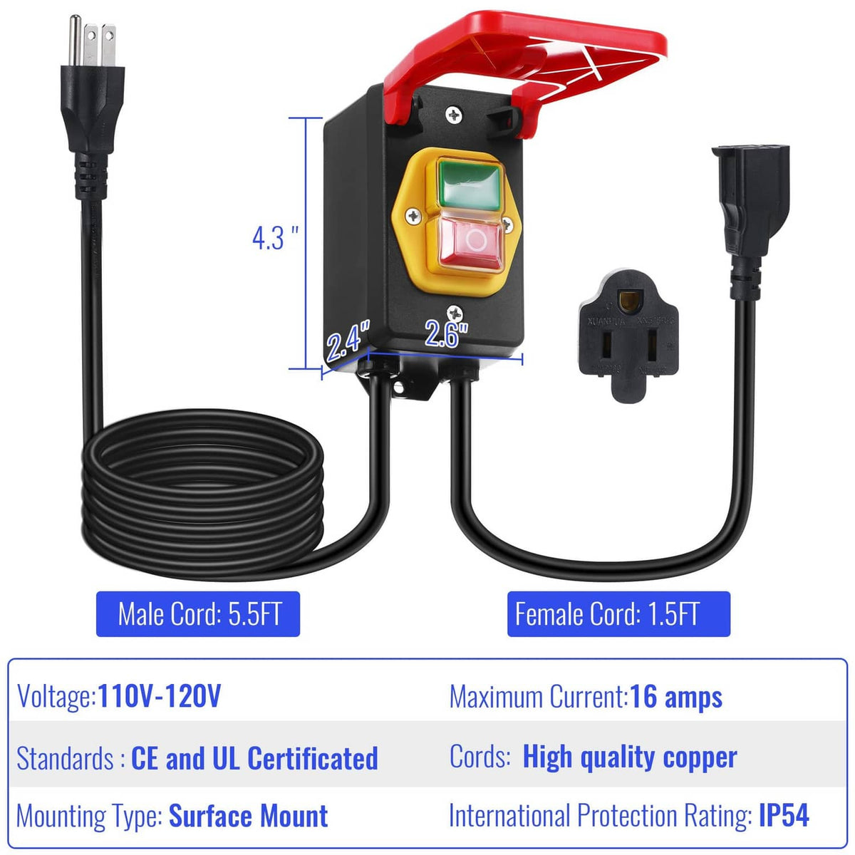 Single-phase on/off switch with red paddle, black housing, and power cord set