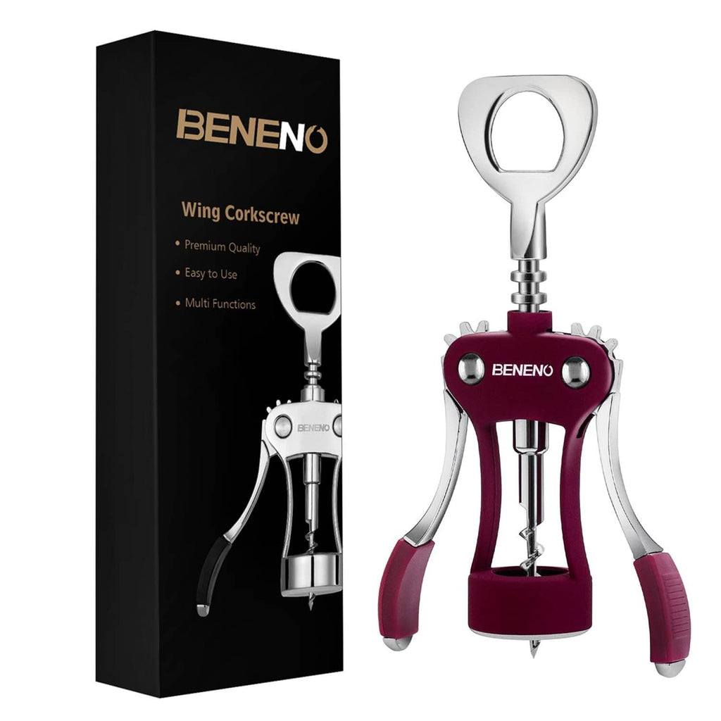 Purple wing corkscrew bottle opener with chrome handle and bottle opener lever