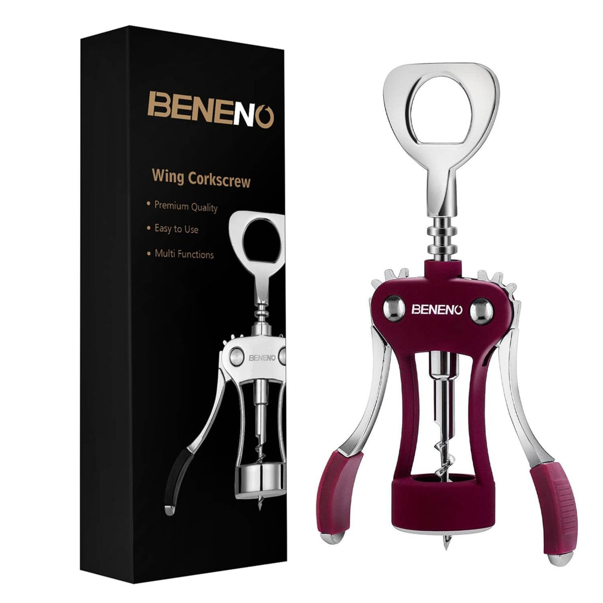 Purple wing corkscrew bottle opener with chrome handle and bottle opener lever