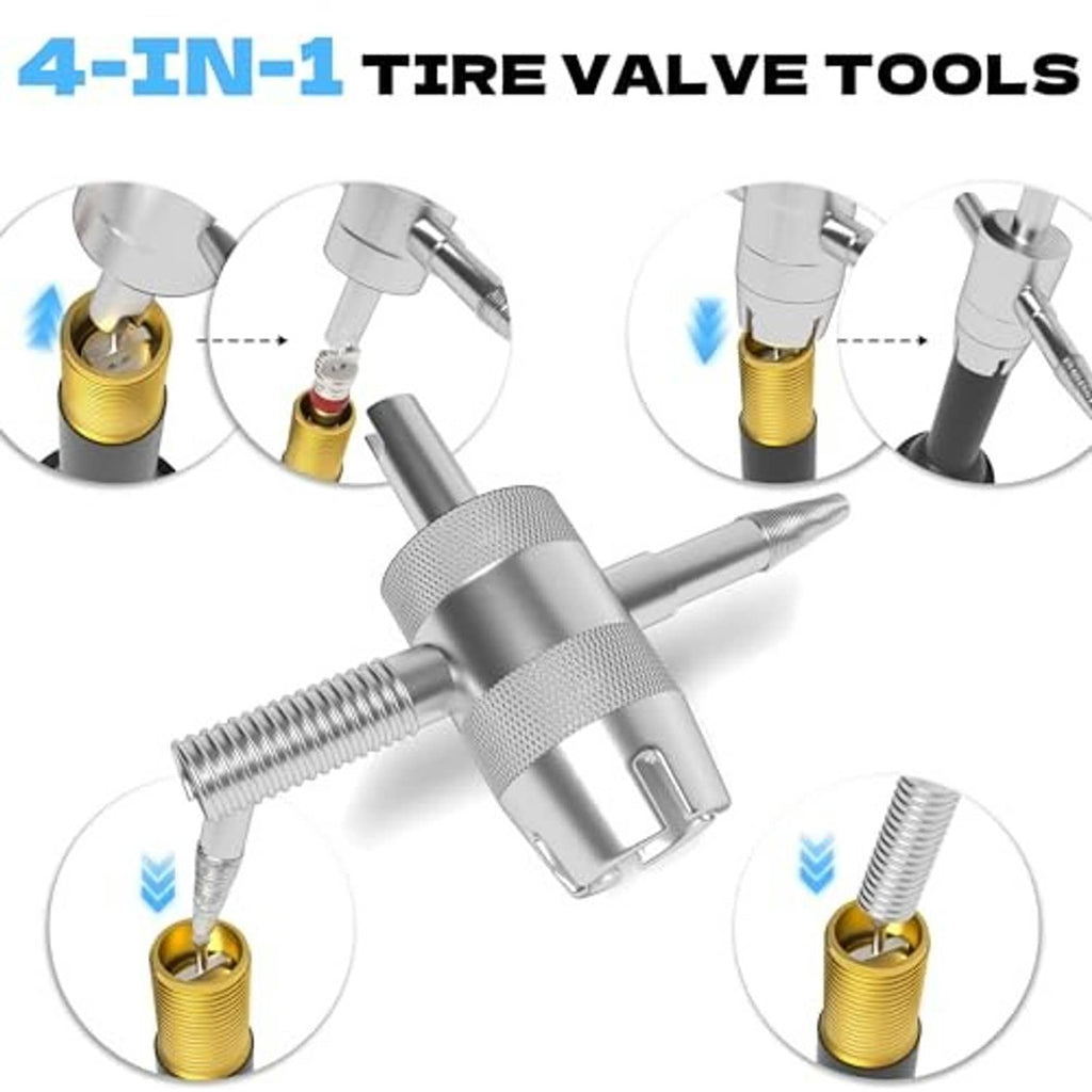 Multi-function tire valve tool with knurled grip and threaded metal body