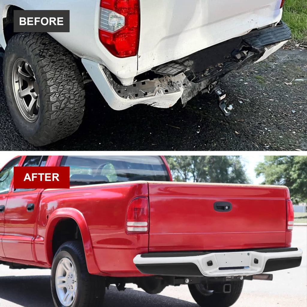 After installation: chrome rear step bumper with black step pads on a red pickup.