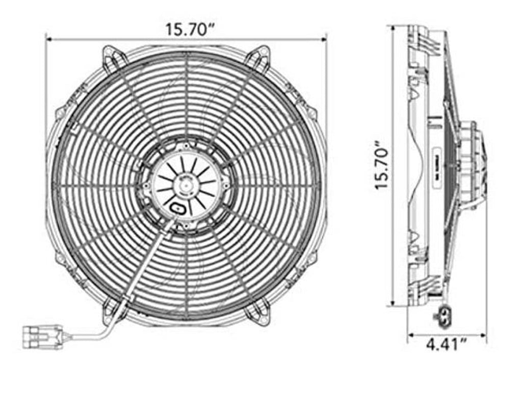 Fan technical diagram showing 15.70 in size and 4.41 in depth profile
