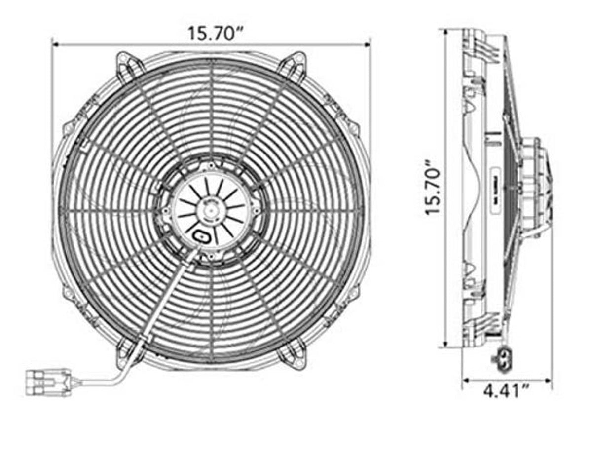 Fan technical diagram showing 15.70 in size and 4.41 in depth profile