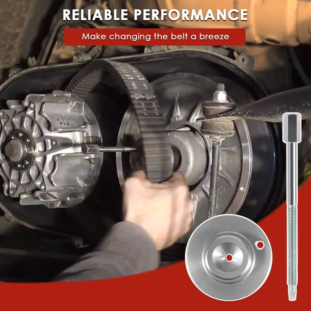 Clutch belt removal tool installing on clutch cover with threaded puller rod