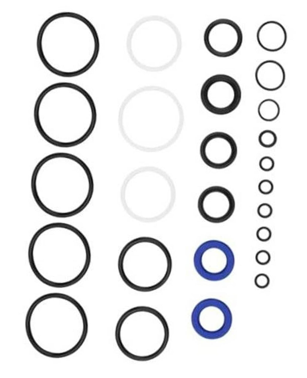 Tilt trim seal kit with assorted black and blue O-rings, gasket rings in a set