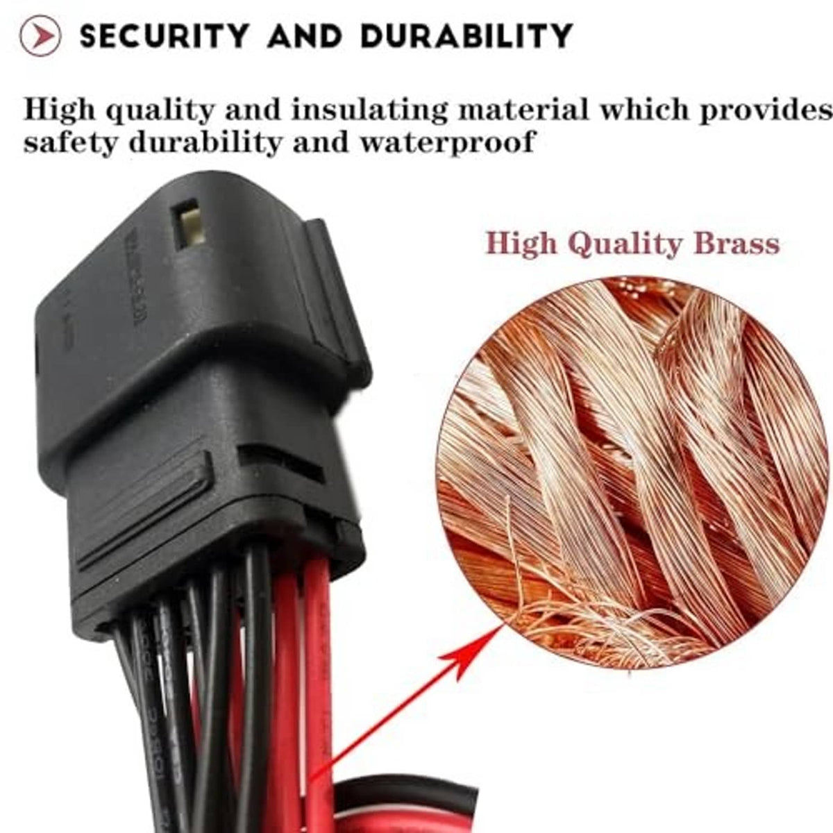 Plastic connector housing with red wires and exposed copper braid detail
