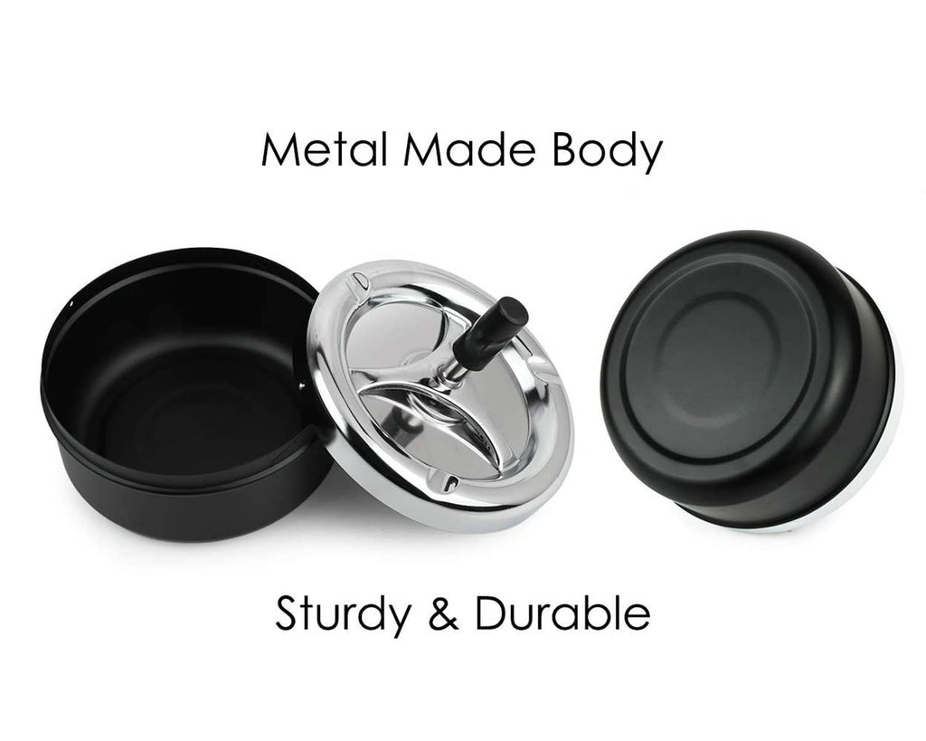 Black ashtray with metal body, flip-open lid, and circular spinning tray insert